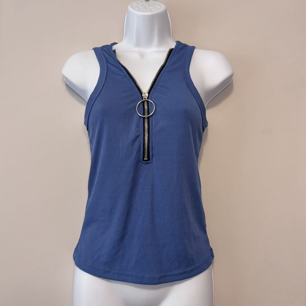 Shein Women's Size Small Blue Ribbed Zip-Front Tank Top NIB
